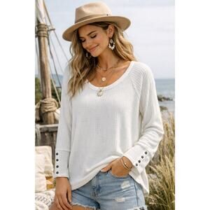 CHASER Boho Waffle Knit Top XL Cream Long Sleeve Button Cuff Stretch Blouse